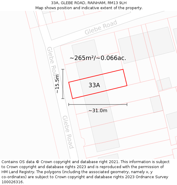 33A, GLEBE ROAD, RAINHAM, RM13 9LH: Plot and title map