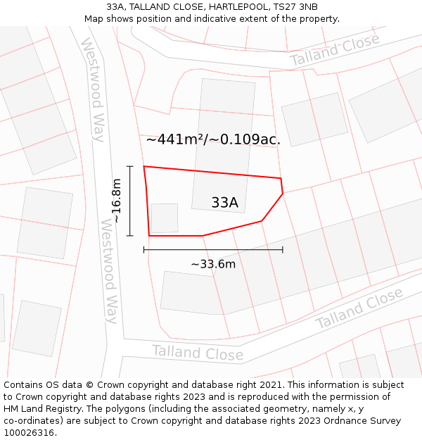 33A, TALLAND CLOSE, HARTLEPOOL, TS27 3NB: Plot and title map