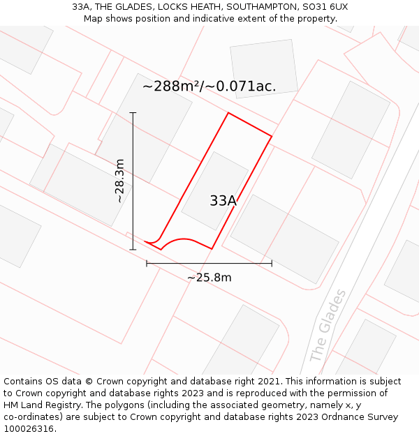 33A, THE GLADES, LOCKS HEATH, SOUTHAMPTON, SO31 6UX: Plot and title map