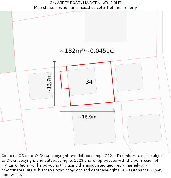 34, ABBEY ROAD, MALVERN, WR14 3HD: Plot and title map