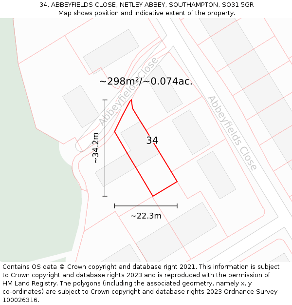 34, ABBEYFIELDS CLOSE, NETLEY ABBEY, SOUTHAMPTON, SO31 5GR: Plot and title map