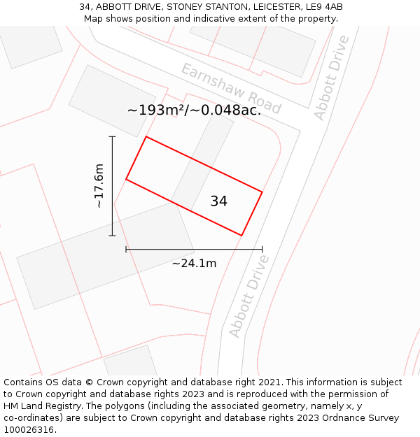 34, ABBOTT DRIVE, STONEY STANTON, LEICESTER, LE9 4AB: Plot and title map