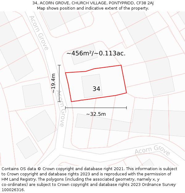 34, ACORN GROVE, CHURCH VILLAGE, PONTYPRIDD, CF38 2AJ: Plot and title map