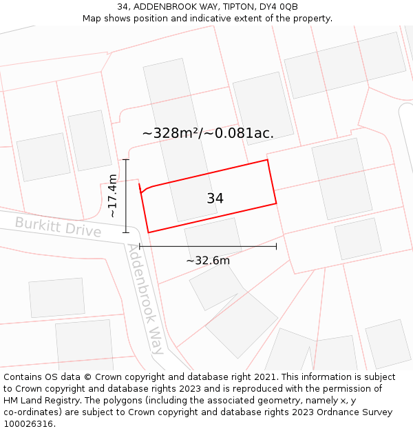 34, ADDENBROOK WAY, TIPTON, DY4 0QB: Plot and title map