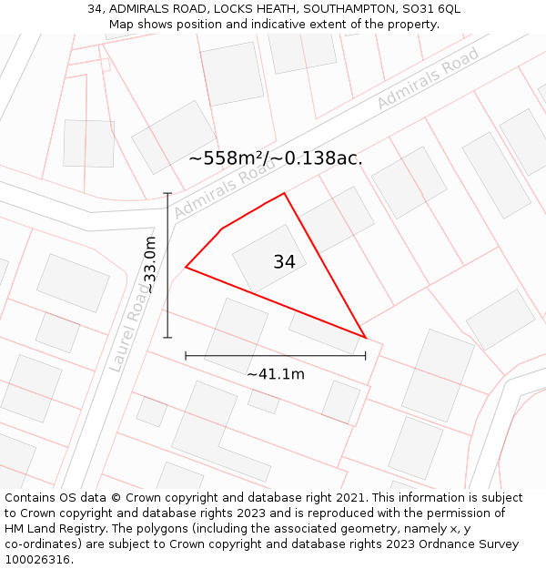 34, ADMIRALS ROAD, LOCKS HEATH, SOUTHAMPTON, SO31 6QL: Plot and title map