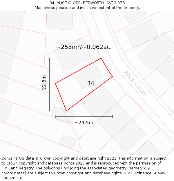 34, ALICE CLOSE, BEDWORTH, CV12 0BS: Plot and title map