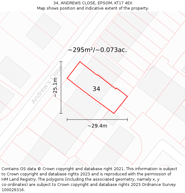 34, ANDREWS CLOSE, EPSOM, KT17 4EX: Plot and title map