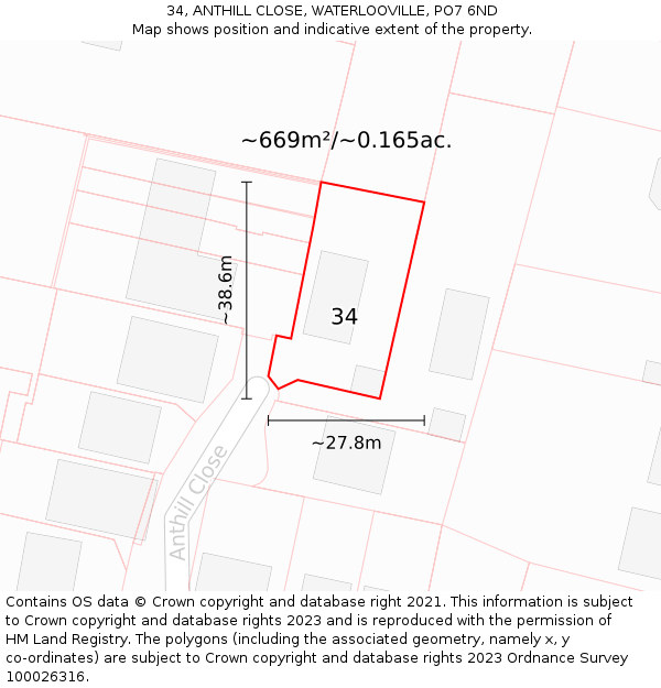 34, ANTHILL CLOSE, WATERLOOVILLE, PO7 6ND: Plot and title map