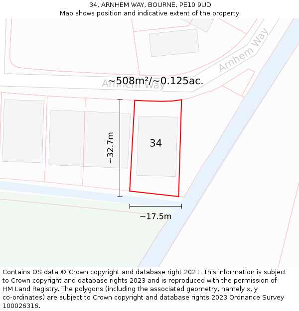 34, ARNHEM WAY, BOURNE, PE10 9UD: Plot and title map