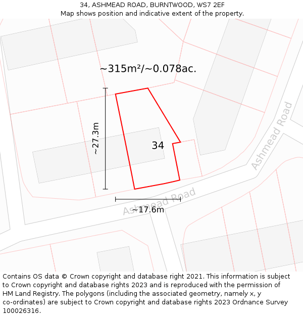 34, ASHMEAD ROAD, BURNTWOOD, WS7 2EF: Plot and title map