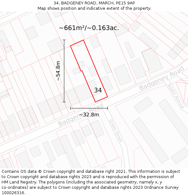 34, BADGENEY ROAD, MARCH, PE15 9AP: Plot and title map