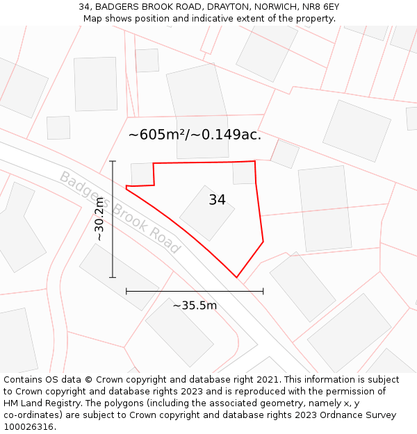 34, BADGERS BROOK ROAD, DRAYTON, NORWICH, NR8 6EY: Plot and title map