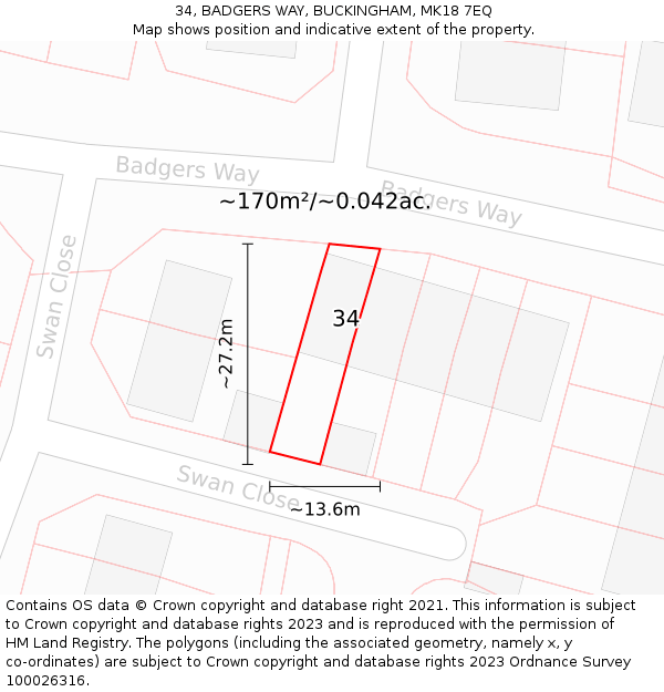 34, BADGERS WAY, BUCKINGHAM, MK18 7EQ: Plot and title map