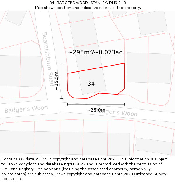 34, BADGERS WOOD, STANLEY, DH9 0HR: Plot and title map