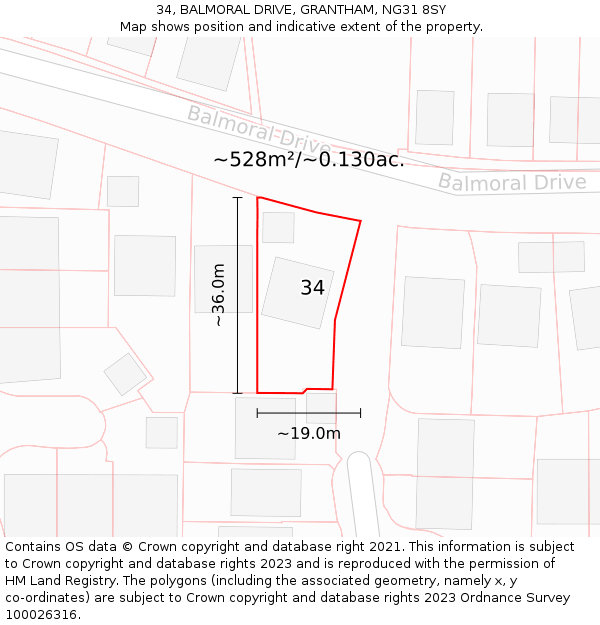 34, BALMORAL DRIVE, GRANTHAM, NG31 8SY: Plot and title map