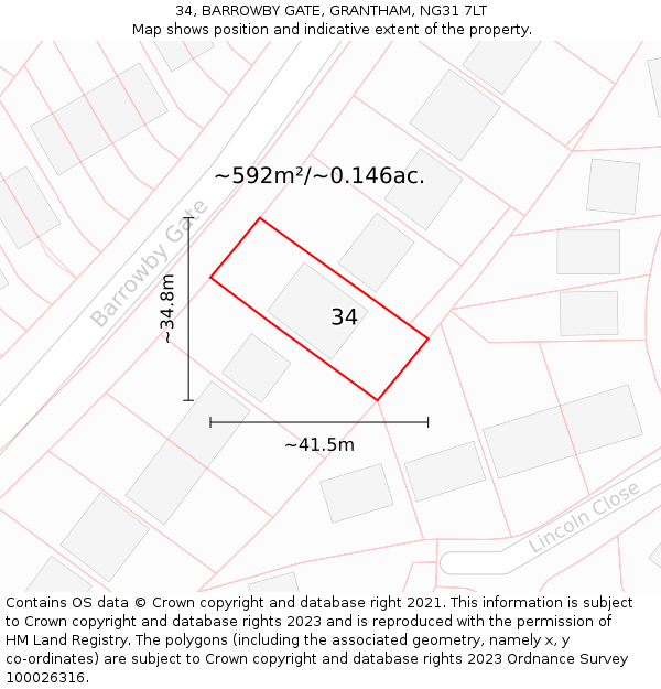 34, BARROWBY GATE, GRANTHAM, NG31 7LT: Plot and title map