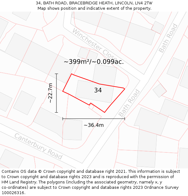 34, BATH ROAD, BRACEBRIDGE HEATH, LINCOLN, LN4 2TW: Plot and title map