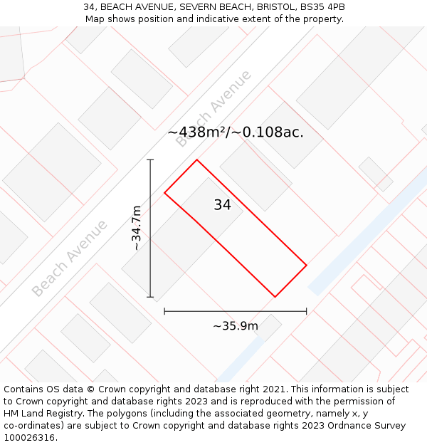34, BEACH AVENUE, SEVERN BEACH, BRISTOL, BS35 4PB: Plot and title map