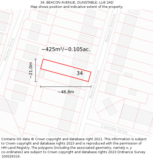 34, BEACON AVENUE, DUNSTABLE, LU6 2AD: Plot and title map