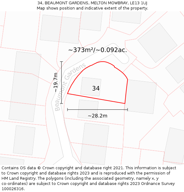 34, BEAUMONT GARDENS, MELTON MOWBRAY, LE13 1UJ: Plot and title map