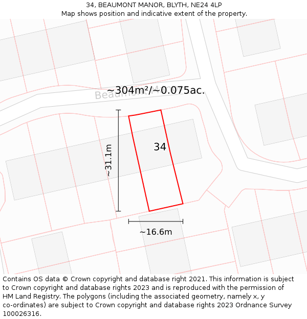 34, BEAUMONT MANOR, BLYTH, NE24 4LP: Plot and title map