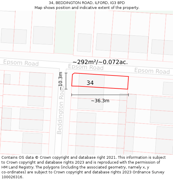 34, BEDDINGTON ROAD, ILFORD, IG3 8PD: Plot and title map