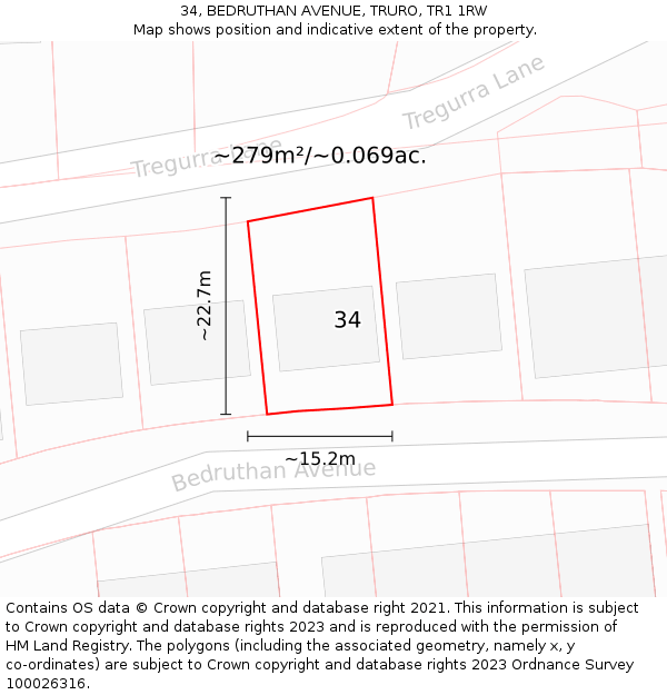 34, BEDRUTHAN AVENUE, TRURO, TR1 1RW: Plot and title map