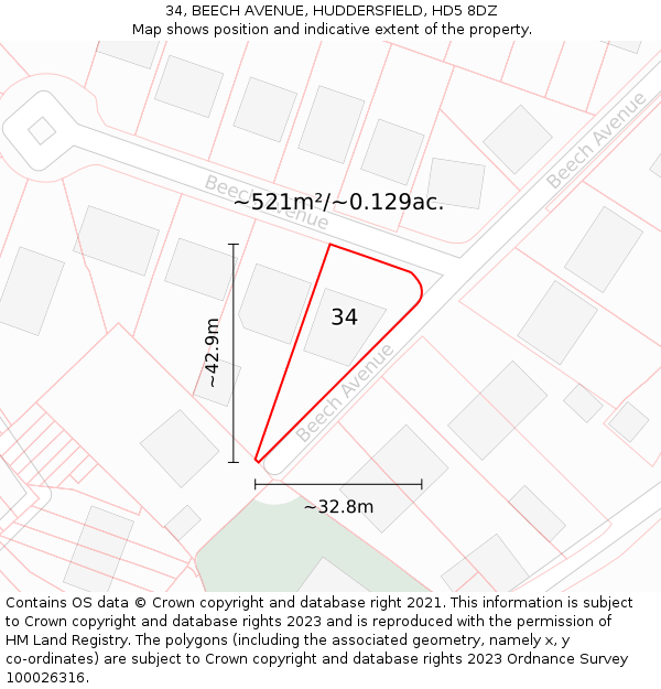 34, BEECH AVENUE, HUDDERSFIELD, HD5 8DZ: Plot and title map