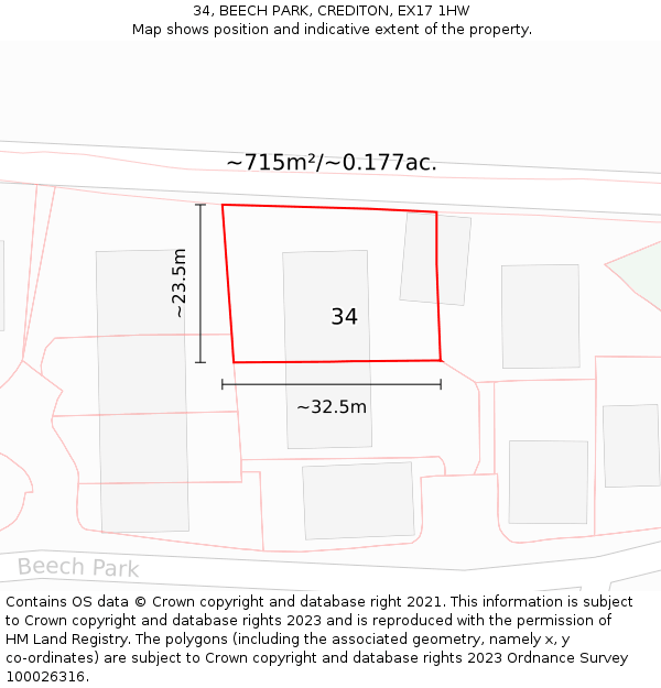 34, BEECH PARK, CREDITON, EX17 1HW: Plot and title map