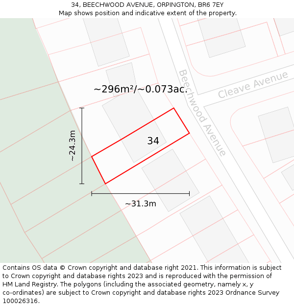34, BEECHWOOD AVENUE, ORPINGTON, BR6 7EY: Plot and title map