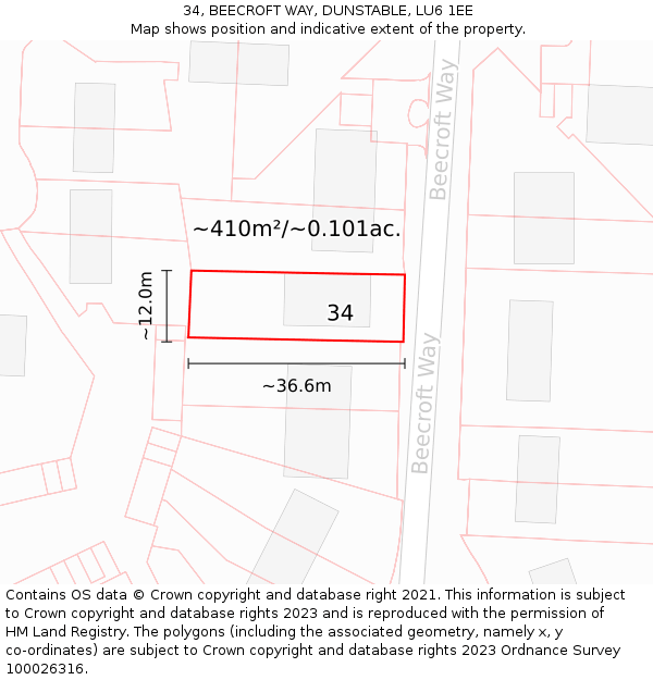 34, BEECROFT WAY, DUNSTABLE, LU6 1EE: Plot and title map