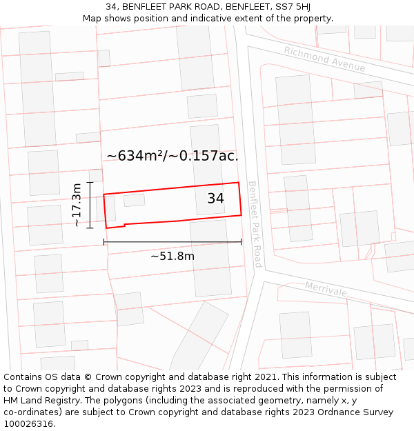 34, BENFLEET PARK ROAD, BENFLEET, SS7 5HJ: Plot and title map