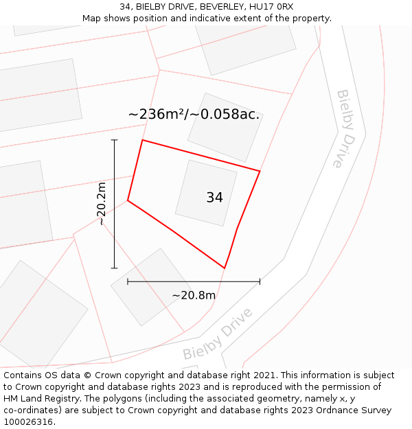 34, BIELBY DRIVE, BEVERLEY, HU17 0RX: Plot and title map