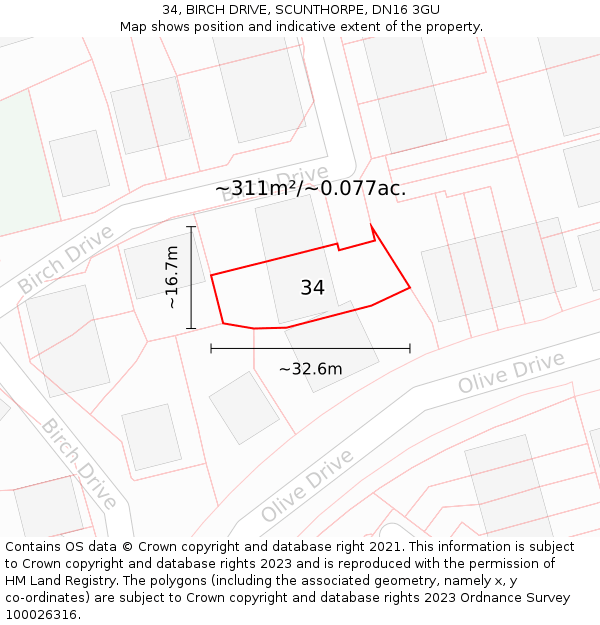 34, BIRCH DRIVE, SCUNTHORPE, DN16 3GU: Plot and title map