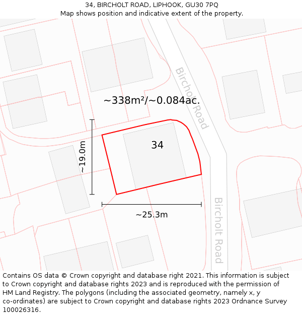 34, BIRCHOLT ROAD, LIPHOOK, GU30 7PQ: Plot and title map