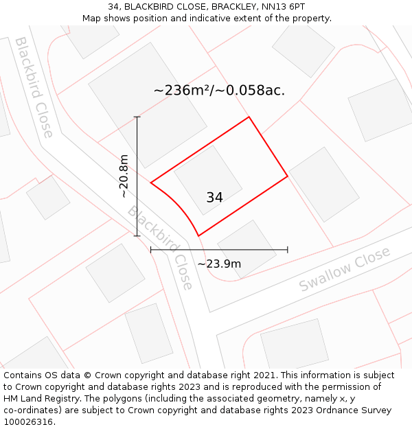 34, BLACKBIRD CLOSE, BRACKLEY, NN13 6PT: Plot and title map