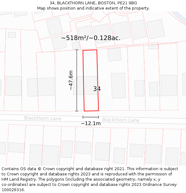 34, BLACKTHORN LANE, BOSTON, PE21 9BG: Plot and title map