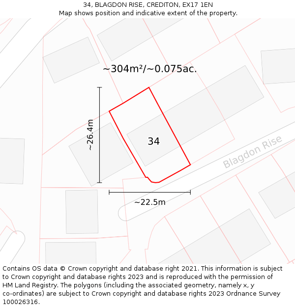 34, BLAGDON RISE, CREDITON, EX17 1EN: Plot and title map