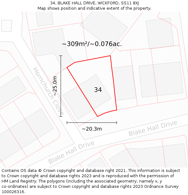 34, BLAKE HALL DRIVE, WICKFORD, SS11 8XJ: Plot and title map