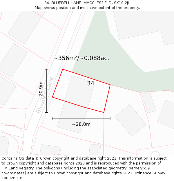 34, BLUEBELL LANE, MACCLESFIELD, SK10 2JL: Plot and title map