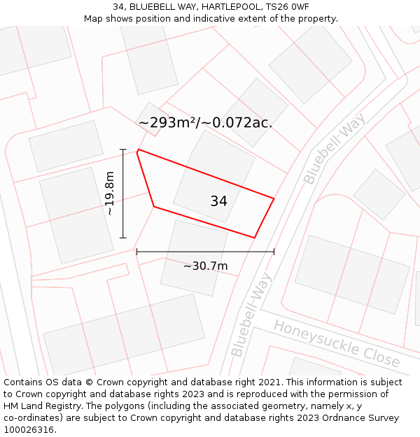 34, BLUEBELL WAY, HARTLEPOOL, TS26 0WF: Plot and title map