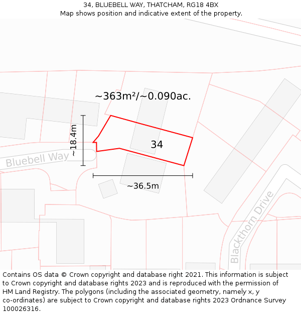 34, BLUEBELL WAY, THATCHAM, RG18 4BX: Plot and title map