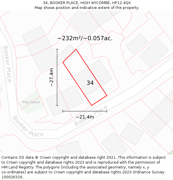 34, BOOKER PLACE, HIGH WYCOMBE, HP12 4QX: Plot and title map