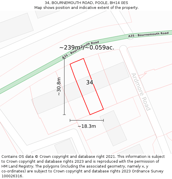 34, BOURNEMOUTH ROAD, POOLE, BH14 0ES: Plot and title map