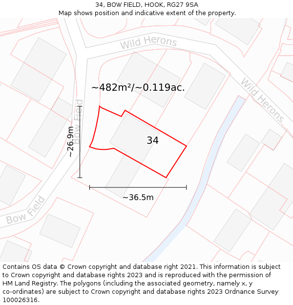 34, BOW FIELD, HOOK, RG27 9SA: Plot and title map