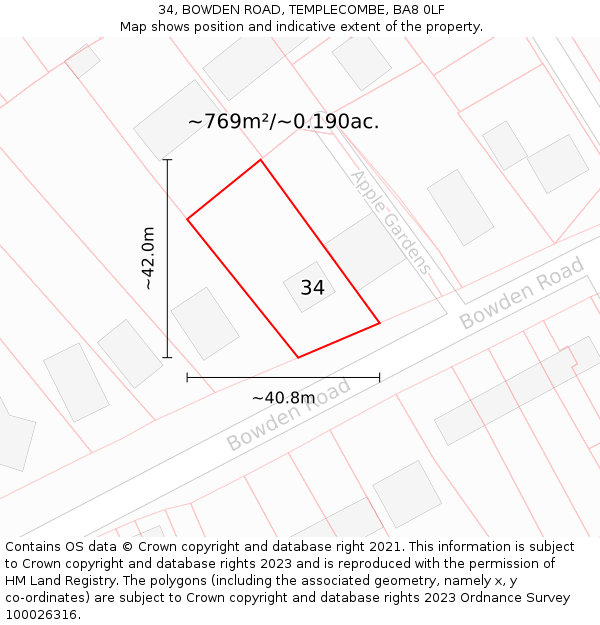 34, BOWDEN ROAD, TEMPLECOMBE, BA8 0LF: Plot and title map