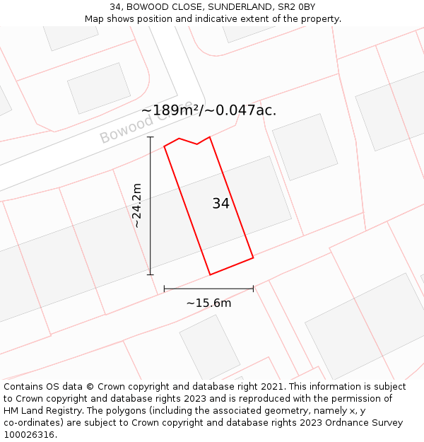 34, BOWOOD CLOSE, SUNDERLAND, SR2 0BY: Plot and title map
