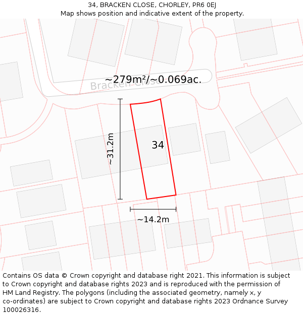 34, BRACKEN CLOSE, CHORLEY, PR6 0EJ: Plot and title map