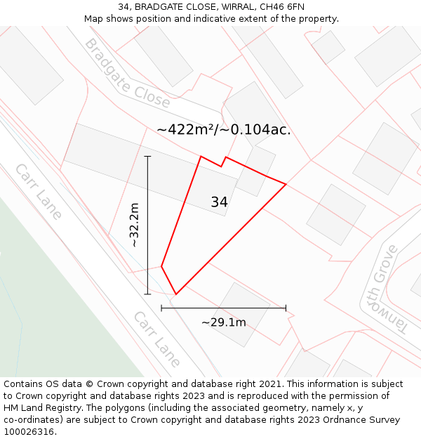 34, BRADGATE CLOSE, WIRRAL, CH46 6FN: Plot and title map