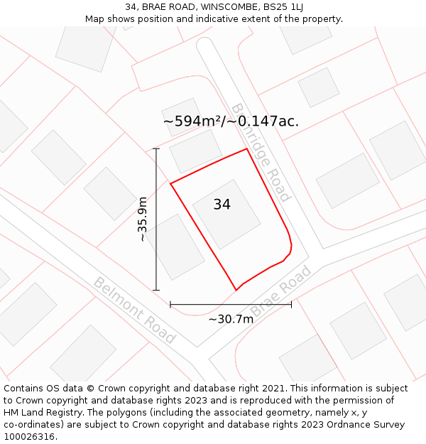 34, BRAE ROAD, WINSCOMBE, BS25 1LJ: Plot and title map